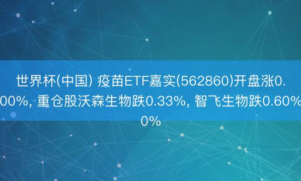 世界杯(中国) 疫苗ETF嘉实(562860)开盘涨0.00%， 重仓股沃森生物跌0.33%， 智飞生物跌0.60%